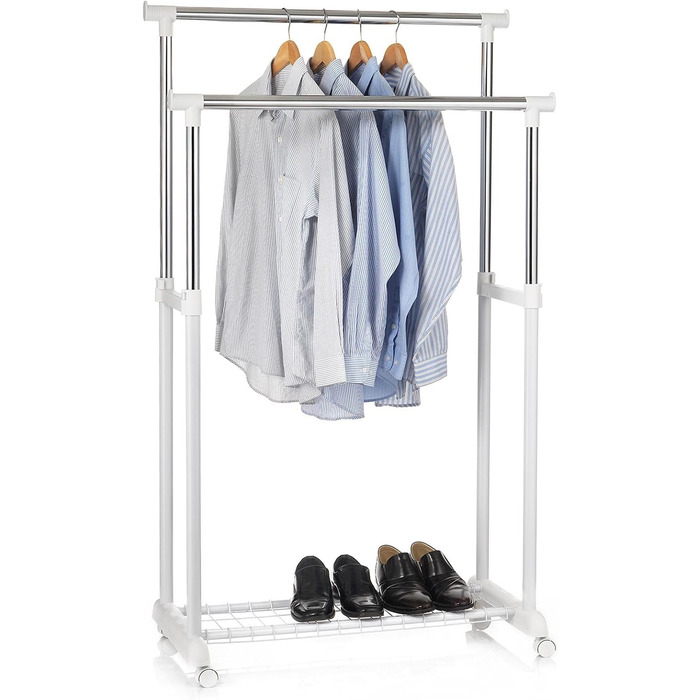 IDIMEX Wardrobe Trolley Grosso Clothes Rack Rolling Wardrobe Clothes Stand, with Shoe Shelf, 2 Clothes Rails, Height Adjustable, Chrome-Plated Metal Tube, in White