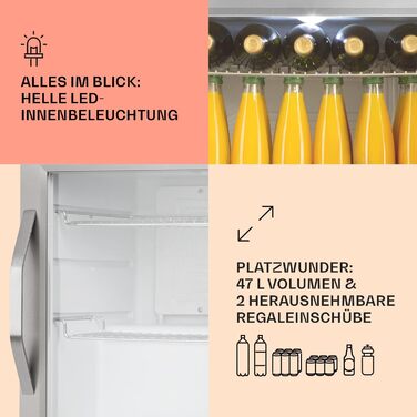 Klarstein Mini-холодильник з скляними дверцятами, 47 літрів, для кімнати, тихий, indoor/outdoor, срібно-білий