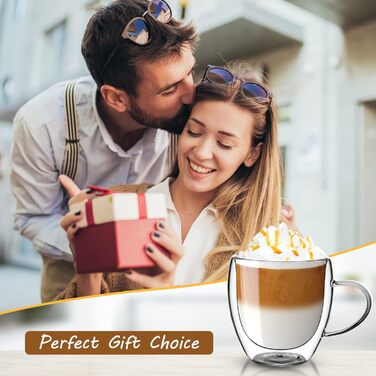 Набір 4 склянки для кави з подвійними стінками, 350 мл, з ручкою, з боросилікатного скла, для лате макіато, капучино, молока, чаю