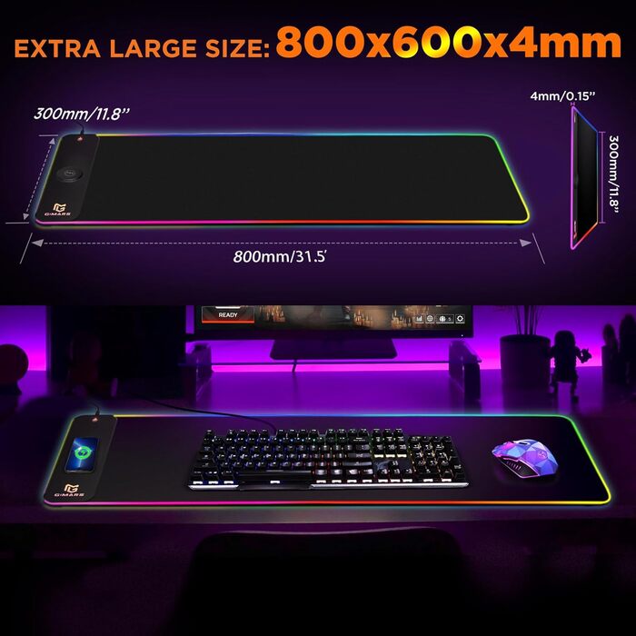 Килимок для миші ігровий Gimars RGB XXL, 800x300x5 мм, з підсвічуванням 12 LED, вологостійкий, з гумовою основою, чорний
