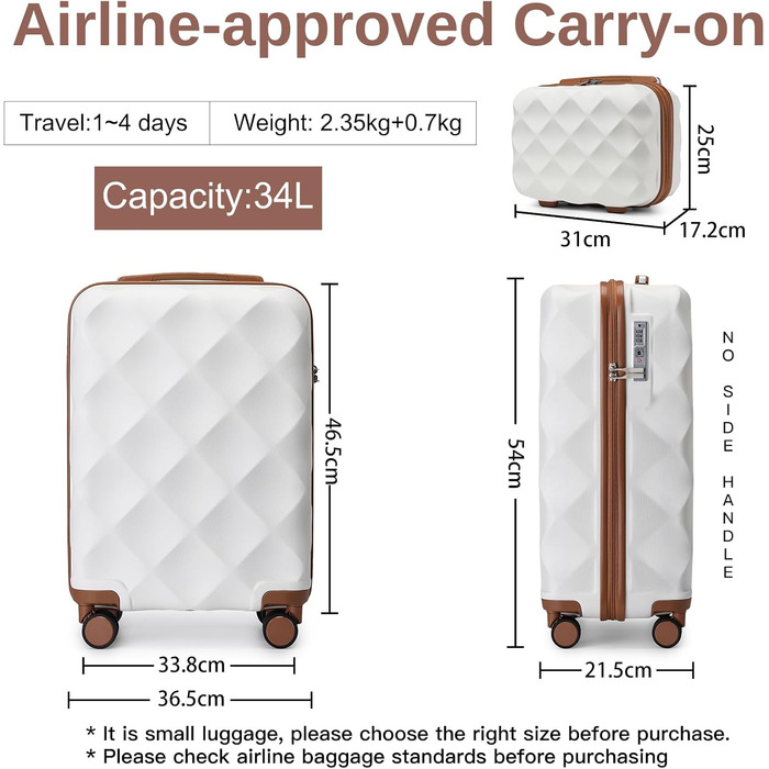 Чемодан ручної поклажі British Traveller 54x36.5x21.5 см + косметичка 31x25x17 см, ABS+PC, кремовий, 2 шт.