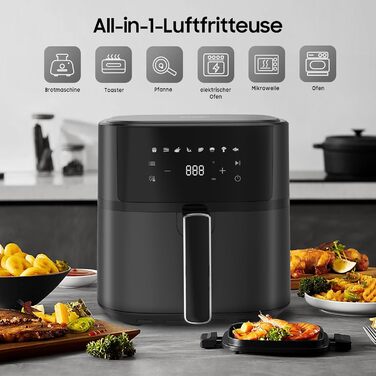 iceagle Hot Air Fryer 6.5 L Airfryer XL - Fryer Without Fat with Metal Interior | 1700W Hot Air Fryer with 8 Cooking Programs, Digital Display, with German Recipe Book