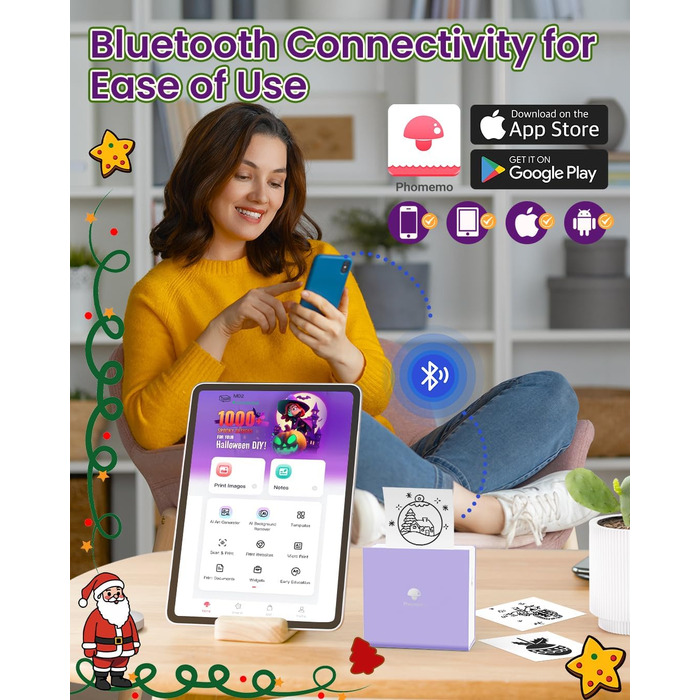 Phomemo Mini Drucker: Портативний термальний фотодрук, USB, сумісний з Android/iOS, для щоденників, навчання, DIY, зелений, M02, з рулоном паперу