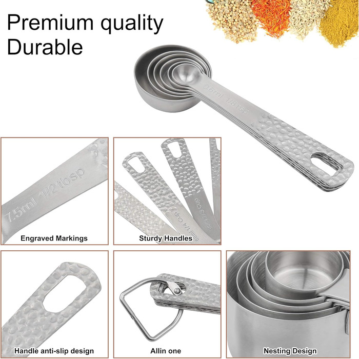 Measuring cup and spoon set, 18/8 stainless steel, measuring cups and spoons for baking and kitchen use, metric and US metal measuring cups and spoons for dry and liquid ingredients