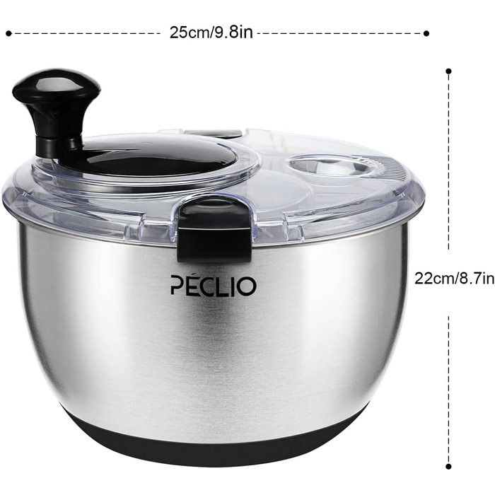 Large 4.5L Salad Spinner Stainless Steel 18/10 High-Quality with Transparent Lid, Non-Slip Bottom - Salad Spinner with Crank Mechanism - BPA-Free & Dishwasher Safe, Black