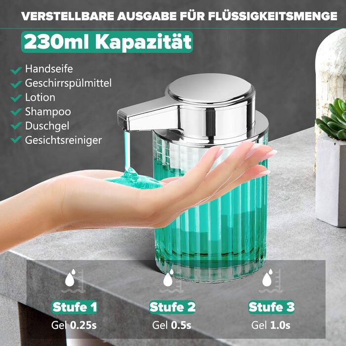 Phneems Automatic Soap Dispenser Glass Electric Soap Dispenser With Sensor 3 Adjustable Levels Soap Dispenser Automatic Dish Soap Dispenser USB Charging IPX5 Waterproof FOR Bathroom Kitchen Gel