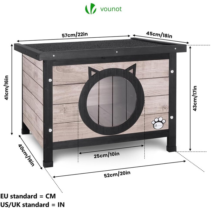 Будиночок для котів Vounot® з асфальтовим дахом, вулиця, 57 x 45 x 43 см (Сірий)