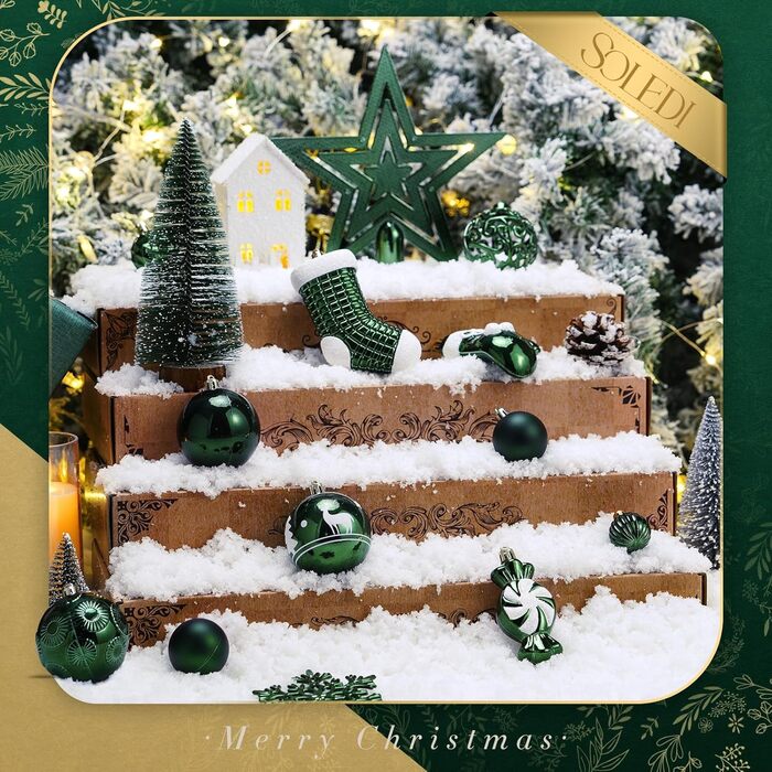 Набір ялинкових прикрас SOLEDI® 128 шт. Преміум якість, пластикові кулі білого кольору з зіркою, міцні та безпечні, набір прикрас з гачками, кольорові ялинкові кулі, багаторазовий декор на Різдво (зелений)