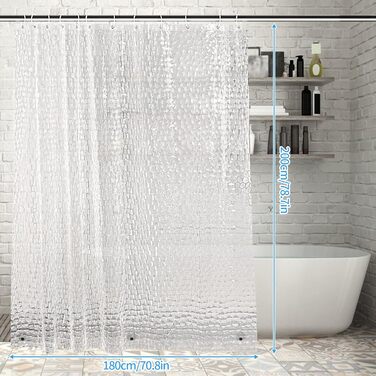 Штора для ванної OTraki напівпрозора 180x200 см, антигрибкова, миється, з EVA, водонепроникна 3D штора для душу з 12 кільцями, без ПВХ