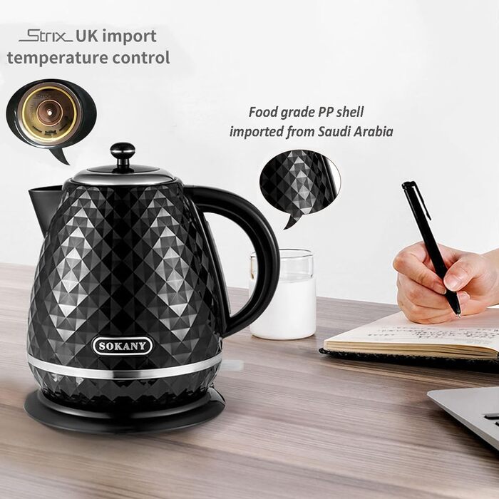 Електричний чайник SOKANY SK-1032, 2200W, 1.7L, з фільтром від накипу, автовимкненням, індикатором рівня води, поворотним підставою, чорний