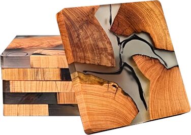 Shizuro Coasters made of wood, square - Set of 6 - Coasters for drinks, cups, mugs, glasses - Design, decor table coasters, real wood, epoxy resin, modern