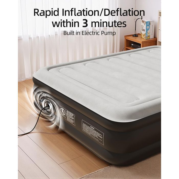 Надувна двоспальна матрац ChillSun з вбудованим електричним насосом, самонадування за 3 хвилини, велюрова поверхня, для дому, розмір Double/King (203x152x46 см)