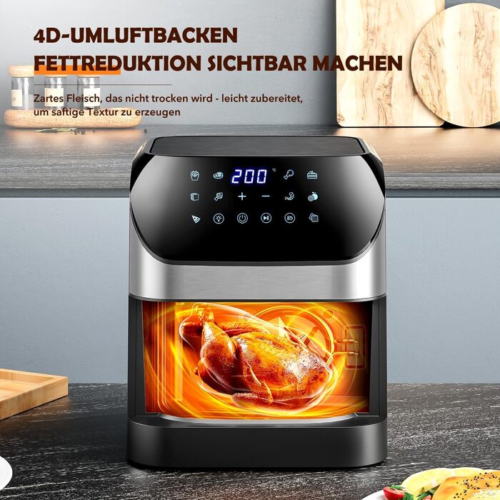 Фритюрниця повітряна 8L з цифровим LED-дисплеєм та вікном, 10-в-1, без масла, здорове приготування їжі