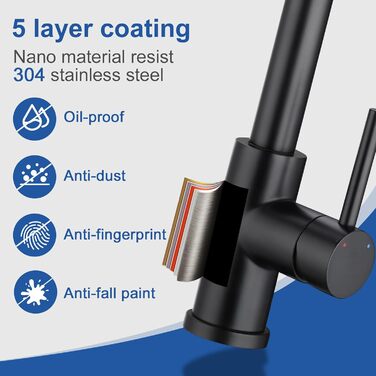 Висувна кухонна змішувач з душем, 360° поворот, кухонна арматура з двома режимами струменя, з нержавіючої сталі, чорний, з висувною насадкою