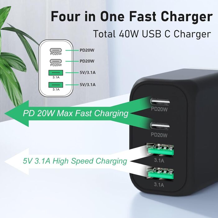 Мережевий адаптер USB-C 40W 4-портовий Cshare з PD 3.0, USB-C та USB-A, для iPhone, iPad, Samsung Galaxy, Android, білий/чорний