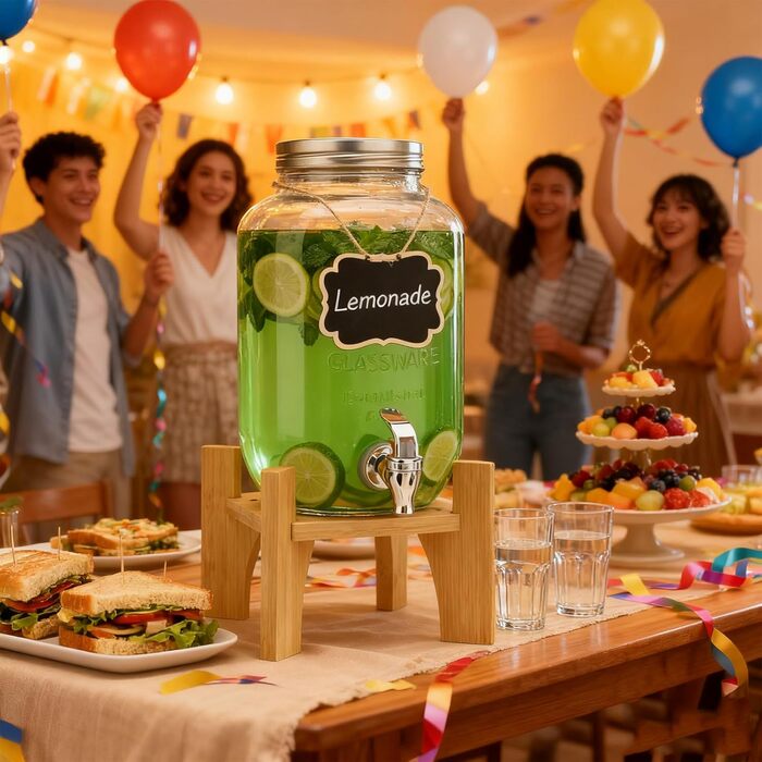 Скляний диспенсер для напоїв на 4L з краном та бамбуковим підставкою, 2 шт. Ідеально для вечірок, свят та днів народжень