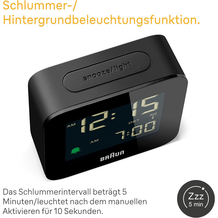 Braun Digital Travel Alarm Clock, Central European Time (CET) zone with snooze function, compact size, negative LC display, crescendo alarm in black, model BC08B-DCF.