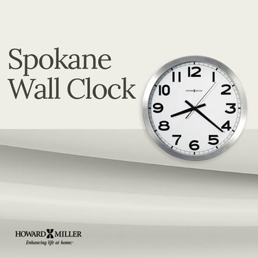 Настінний годинник Howard Miller Spokane 625-450, сучасний круглий, матовий алюміній, міцний металевий корпус, скляний циферблат, класичні чорні акценти, кварцовий механізм