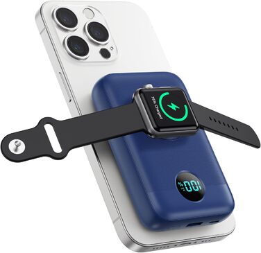 Power Bank магнітний 10800mAh з підтримкою MagSafe, 4-в-1, з зарядкою для Apple Watch, QC4.0+PD 22.5W USB-C, LED-дисплей, сумісний з iPhone 15/14/13/12 Series (Блакитний)