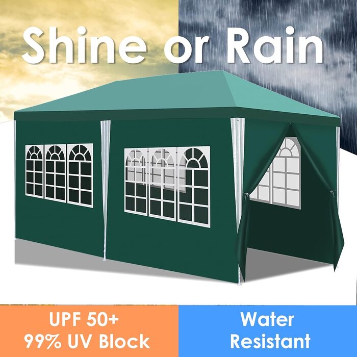 Garden pavilion - Garden pavilion with 6 side walls and windows, stable, UV protection, waterproof, party pavilion, folding garden tent, party tent, for outdoor use, garden, party, wedding (3x6m, Green)
