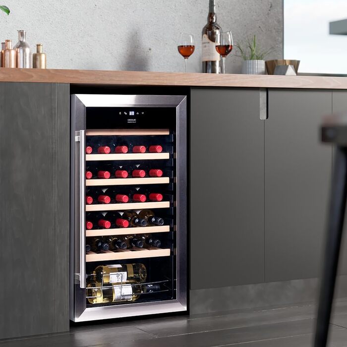 Cecotec Bolero Grandsommelier 34 Bottle Wine Refrigerator - Stainless Steel Compressor Cooler with Adjustable Temperature (5-18°C), Touch Control, LED Interior Lighting