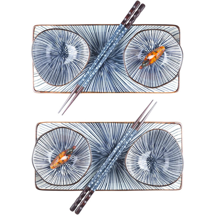 Набір керамічного посуду Artcome 10 шт. у японському стилі: 2 тарілки для суші, 2 соусники, 2 тарілки для закусок, 2 пари паличок для їжі, 2 підставки для паличок. Колір: блакитний.