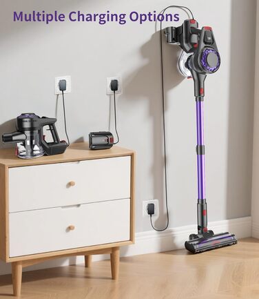 Бездротовий акумуляторний пилосос 450W, 40KPa, без мішка з HEPA-фільтром та LED-дисплеєм, антизаплутана щітка, самостійна підставка з кріпленням на стіну, час роботи 50 хв, для килимів, твердих підлог, шерсті тварин та авто