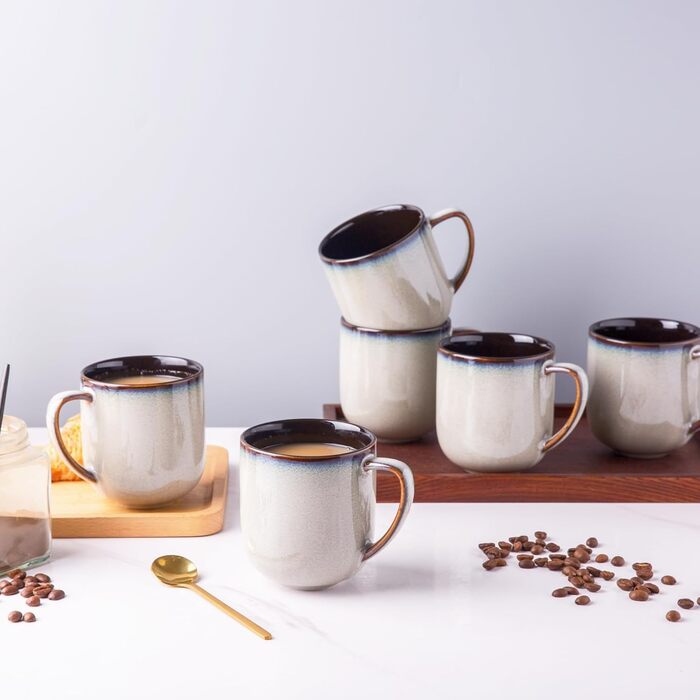 Набір керамічних кавових чашок LERATIO, 340 мл, 6 шт. - великі порцелянові чашки з зручною ручкою для лате, капучино, молока, какао. Можна мити в посудомийній машині та використовувати в мікрохвильовці. Ідеально підійде для чоловіків, жінок, батьків. Колі