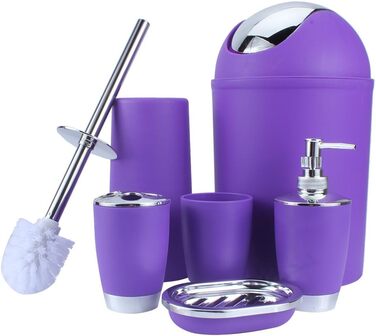Bathroom and Toilet Set, 6-Piece Bathroom Accessory Set, with Cup, Toothbrush Holder, Soup Holder, Hand Sanitizer Bottle, Trash Can, Toilet Brush (Purple)