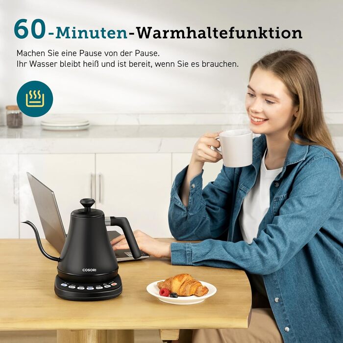 1.7 Liter Glass Kettle, Blue LED, BPA-free, 2200 Watt, 5-minute boiling time, overheat protection, 360° swivel base, Borosilicate glass kettle with stainless steel base and filter (Cosori Swan-neck Kettle)