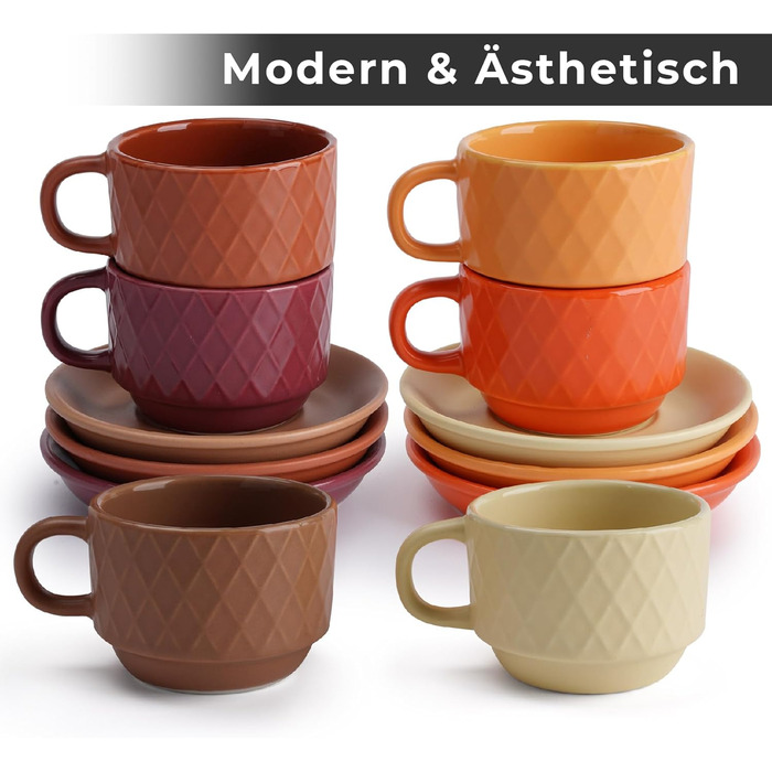MIAMI – 6 x 75 ml Espresso Cups/Espresso Cup Set with Stand Stoneware Ceramic - Palmanova Collection (Magma)
