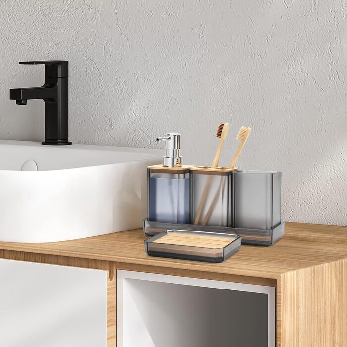 Набір аксесуарів для ванної кімнати FEILANDUO, 5 шт: дозатор для мила, мильниця, тримач для зубних щіток, стакан для води, піднос для косметики, Бохо, сучасний дизайн (сірий)