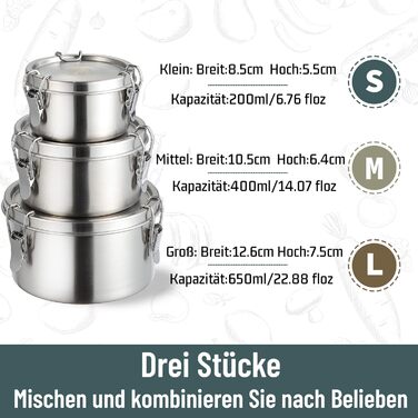 Stainless Steel Lunch Box (3 Pack) Adult Food Containers, Kids Lunchbox, Stainless Steel. Suitable for snacks, fruit, cereal, soups, and main meals, etc.