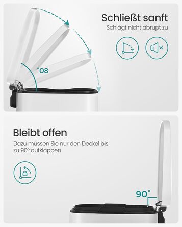 Відро для сміття SONGMICS 50 л з педальним механізмом, з м'яким закриттям, сталеве, з внутрішнім відром, біле