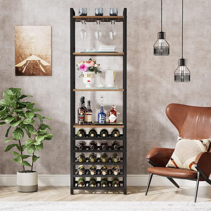 Tribesigns 20 Bottle Wine Baker's Rack, Freestanding Wine Rack, 9 Tiers, Industrial Freestanding Wine Rack Wine Bar with Glass Holder, Bottle Rack for Bar, Kitchen, Dining Room, (Rustic Brown, 2 PC)