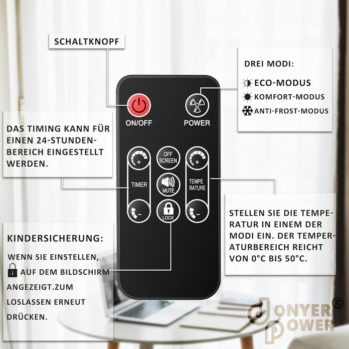 Конвектор DONYER POWER 2500W з Wi-Fi, чорний, з таймером та пультом керування, скло, настінний/підлоговий