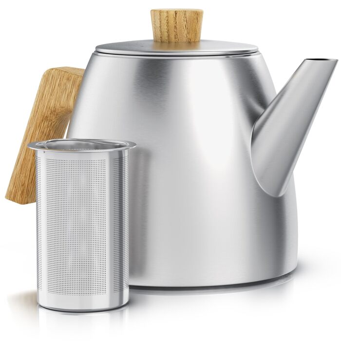 Заварник для чаю Arendo з нержавіючої сталі з ситом, 1000 мл, термос з подвійними стінками та дерев'яними ручками, сріблястий