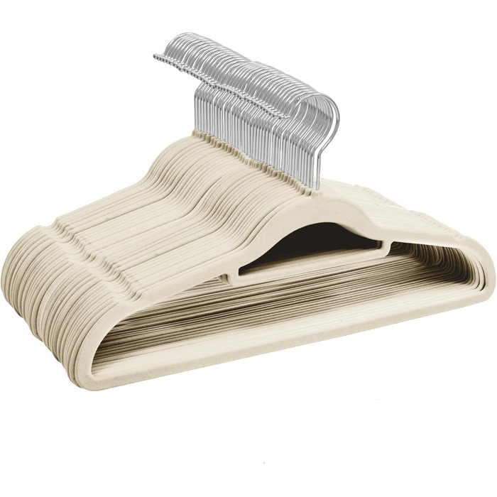 Набір велюрових вішалок для одягу, 50 шт. з органайзером для краваток, обертові гачки, кремовий колір