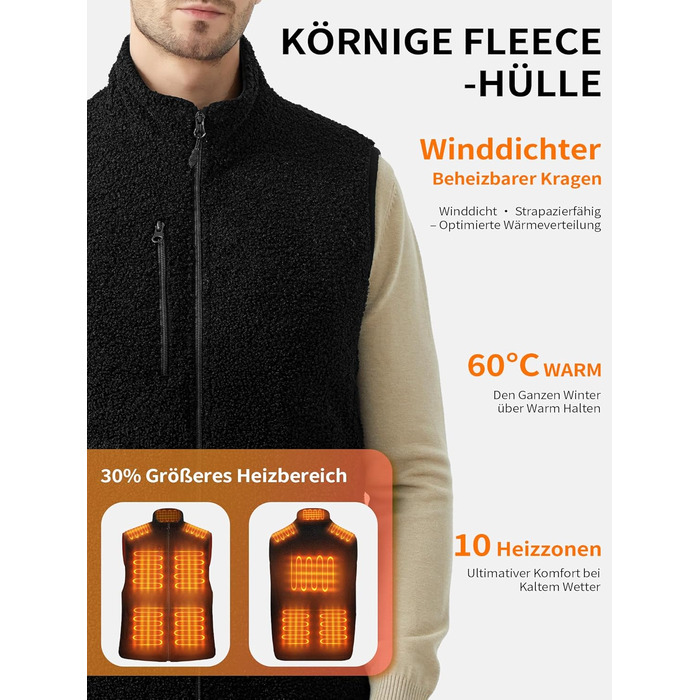Обогреваемая жилетка для женщин и мужчин с Powerbank 18400mAh, флисовая жилетка с аккумулятором, 10 зон обогрева, теплая флисова жилетка для велоспорту, активного отдыха, черная XXL