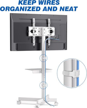 Rolling TV Stand with Wheels - Adjustable Height Mobile TV Trolley for 27-60 inch TVs - VESA 400x400 - 40kg Capacity - White