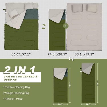 Спальний мішок Elevon для дорослих, підлітків та дітей, 3-4 сезони, водонепроникний, легкий, компактний, для кемпінгу, рюкзака, зеленого кольору (2 особи, 1 шт.)