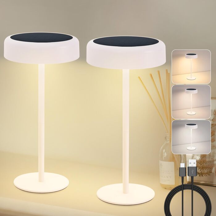 Настільна лампа на сонячній батареї з акумулятором LED, 2 шт. - Бездротова, з димером, сенсорна, біла, для дому та вулиці (IP44)