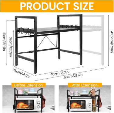 Регульована полиця для мікрохвильової печі, 2-ярусна, розширювана полиця для кухні з вуглецевої сталі з 8 гачками, підставка для кухонного приладдя, стійка для мікрохвильової печі та органайзер для кухні