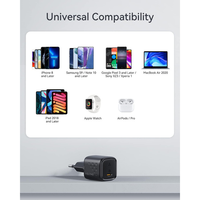 VOLTME зарядний пристрій USB-C 30W 2 шт. GaN, чорний: компактний адаптер живлення для iPhone 14/13, iPad, Android, Samsung, Huawei