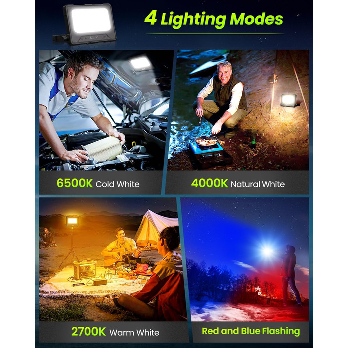 80W LED Construction Floodlight Battery Solar Work Light Portable, 4 Light Modes 12000mAh Battery Work Light USB Rechargeable 5 Brightness Levels Camping Lamp Portable Outdoor for Emergencies Construction Site Camping Garage