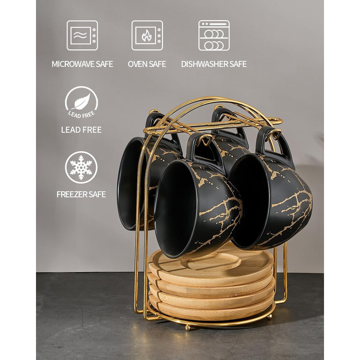 Набір керамічних чашок капучино HOME DECOR 4 шт., 220 мл, з металевим підставкою. Підходять для капучино, лате, американо та чаю. Чорний та білий дизайн