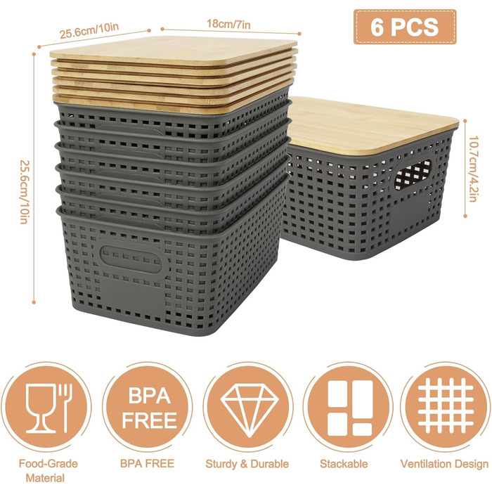 UHAPEER Storage Box with Bamboo Lid, 6 Pack Storage Basket, Plastic Basket Storage, Kitchen Organizer White, Stackable Storage Boxes, Box with Lid 25.6 x 18 x 10.7 cm (Gray)