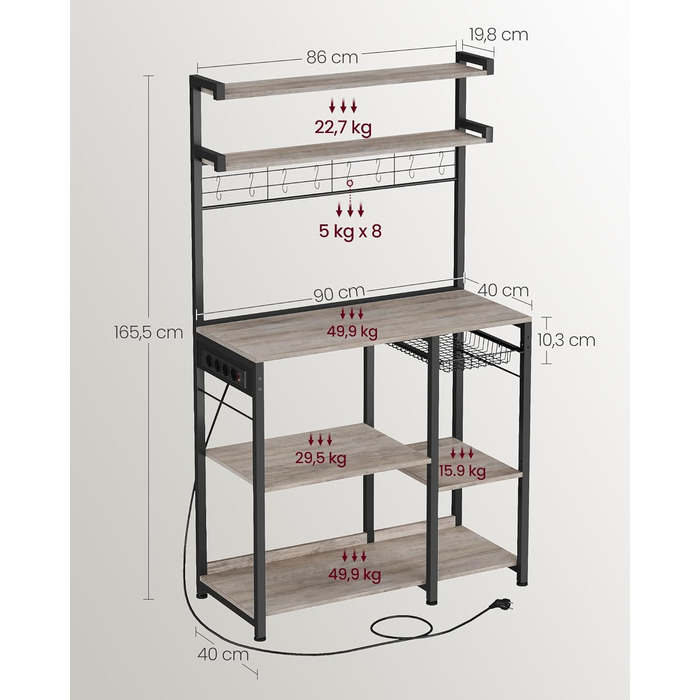 Полиця кухонна VASAGLE з розетками, стелаж для мікрохвильової печі, 8 гачків S-подібної форми, кухонний шафчик, органайзер для спецій, 40 x 90 x 165,5 см, коричневий вінтаж та чорний, KKS031K11