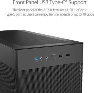 Корпус ASUS Prime AP201 MicroATX чорного кольору (33 літри, підтримка 280/360 мм кулерів, відеокарти до 338 мм, стандартний ATX блок живлення)