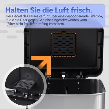 Відро для сміття WLIVE з нержавіючої сталі, 55L, з м'яким закриттям, для кухні, спальні, офісу, срібний